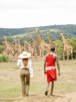 people on a walking safari with giraffe in the background