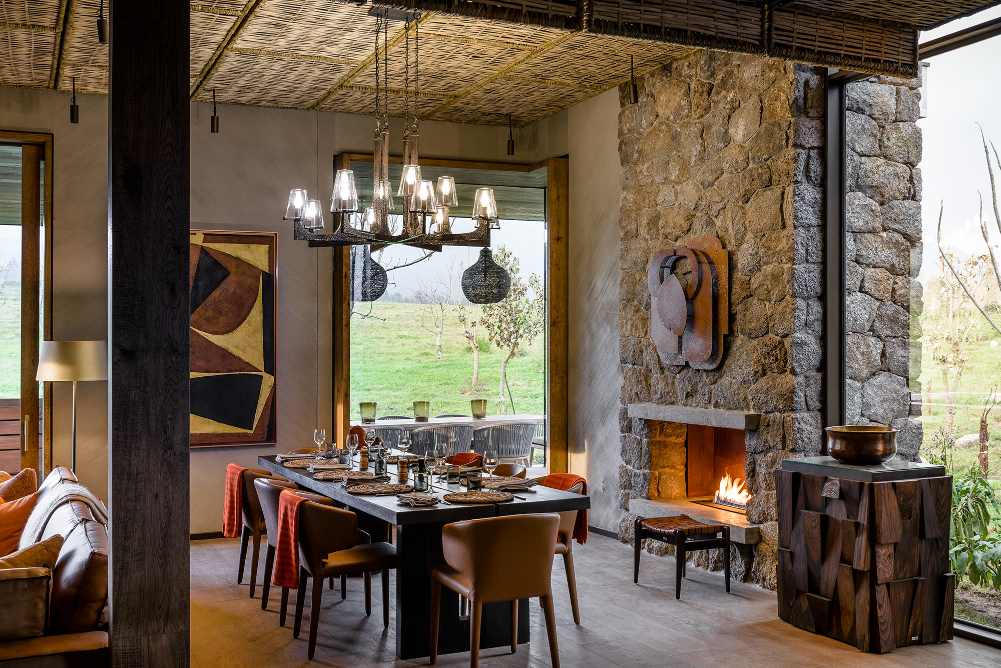 resort dining room interior with a fireplace