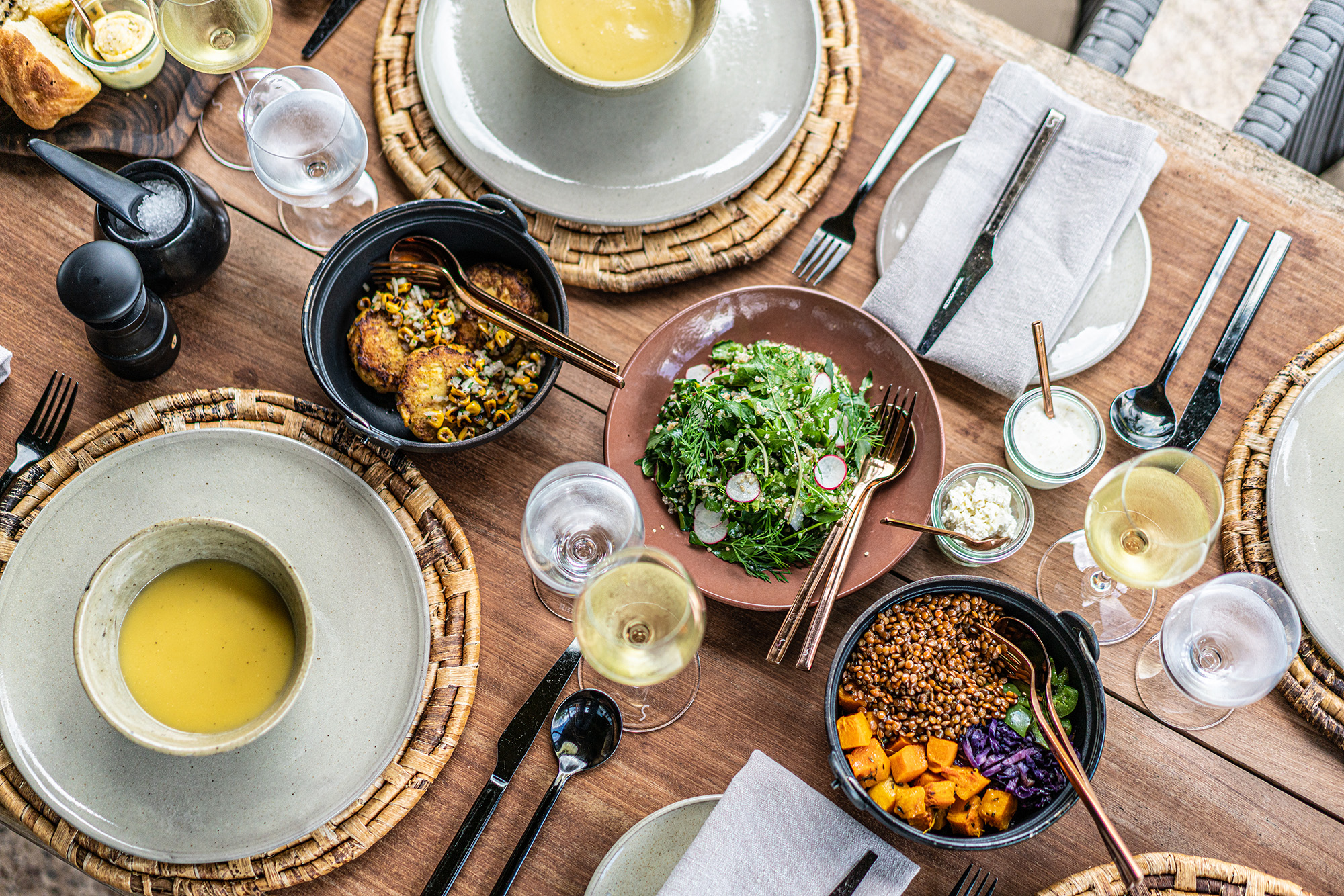 a birds-eye-view of a dining table
