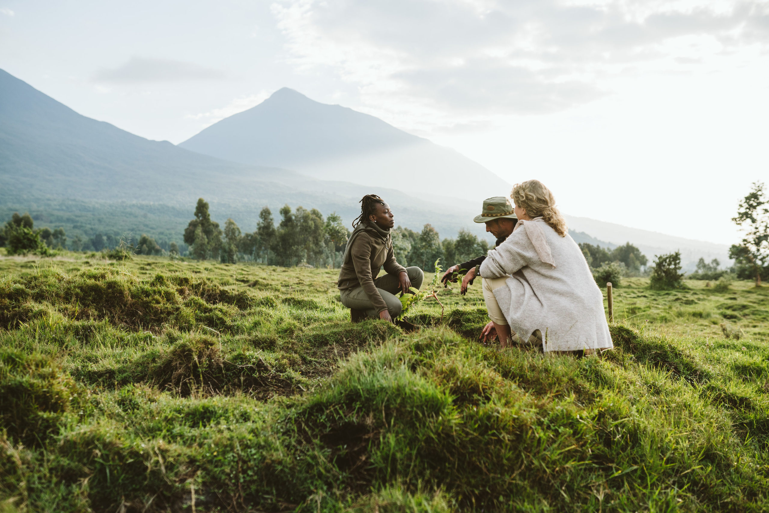 people in the grass at sunrise